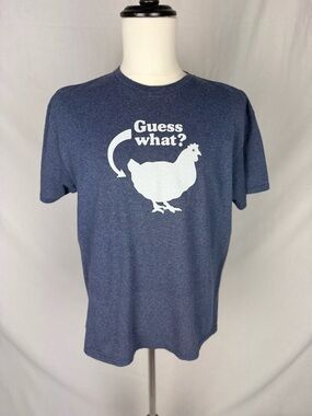Funny “Guess What?” Chicken Graphic Tee | Men’s Large | Blue | Humor Shirt